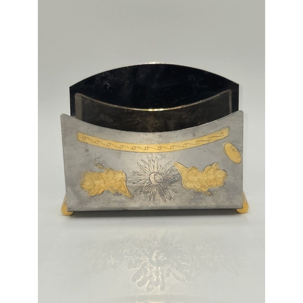 Vintage Stainless Steel Letter Holder 24K Gold Floral Desk‎ Organizer Mail Rack